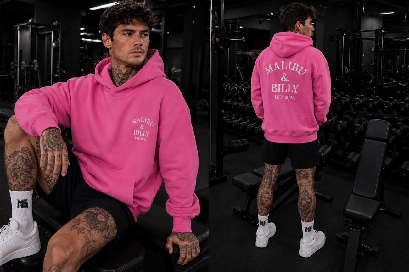 Hot Mess Pink hoodie, front and back, in the gym